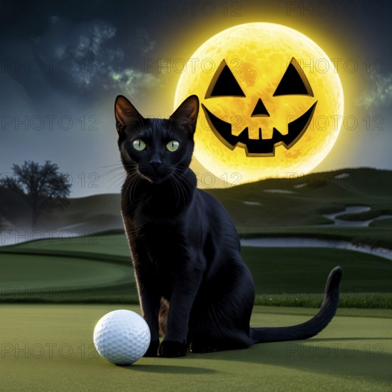 A black cat sits on putting green near a golf ball under a glowing jack-o'-lantern moon in a dark, eerie setting on Halloween. AI generated