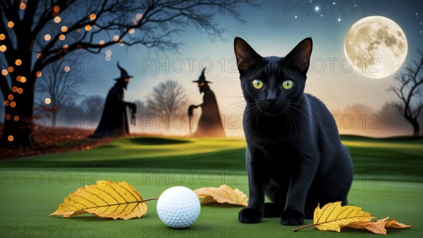 A black cat sits near a golf ball and autumn leaves, with witches and a full moon in the background. AI generated