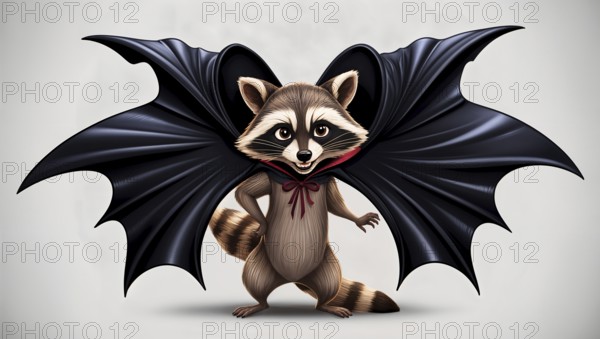 Cartoon raccoon wearing a black cape that flutters in the wind like the large wings of a bat, Halloween, vampire theme. AI generated