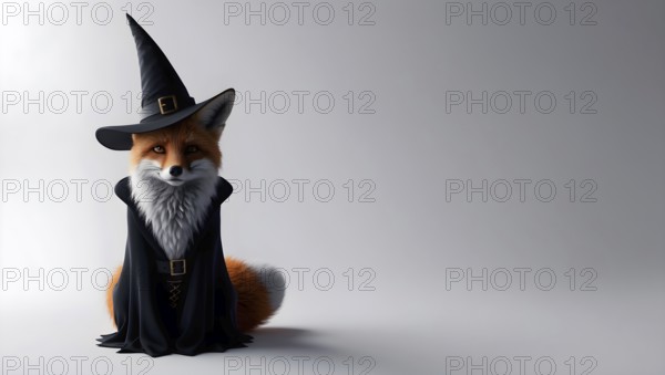 A witch fox with a wizard hat and black cape, dressed up for Halloween, on neutral background with copy space. AI generated