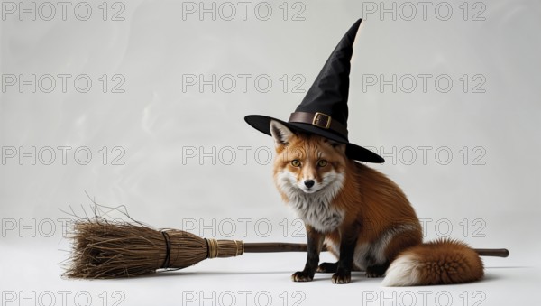 A fox with a witch hat and broom, presenting a whimsical and playful magical theme. AI generated