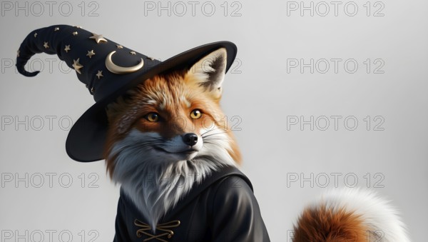 A fox wearing a black wizard hat with stars and a crescent moon, and a cloak, exuding a whimsical and magical aura. AI generated