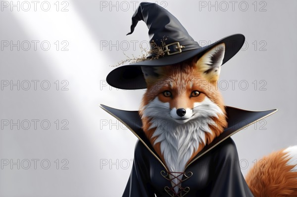 An elegant and mysterious fox wizard wearing a witch hat and black cloak decorated with golden decorative elements. AI generated
