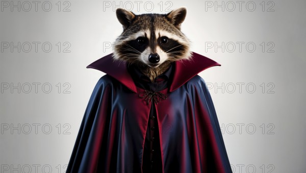 Raccoon vampire in a dramatic portrait with a red and blue cape, serious expression. AI generated