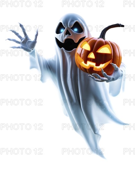 A ghost holding a glowing jack-o'-lantern with an eerie expression against a white background. AI generated