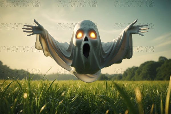 A scary ghost with glowing eyes floats over a grassy field at dusk, creating an eerie atmosphere, sunset sky, forest in background. AI generated