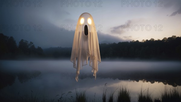 A ghost with glowing eyes hovers above a calm lake on Halloween night. Mist rolls over the water as the last light of day fades, creating an eerie atmosphere. AI generated