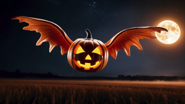 A jack-o'-lantern ghost with bat wings flying above a golden wheat field on Halloween night. The glowing pumpkin face adds a spooky charm under the bright moon in the dark sky. AI generated