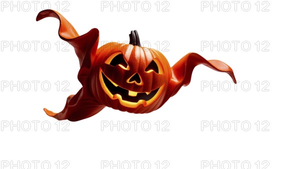 A cheerful jack-o'-lantern with a friendly grin and swaying ghostly drapes floats in the air on white background. It embodies the fun and excitement of Halloween celebrations. AI generated