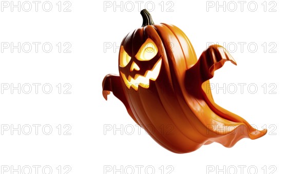 A glowing pumpkin ghost with a mischievous grin floats on white background. Its eerie glow adds a spooky charm perfect for Halloween festivities. AI generated