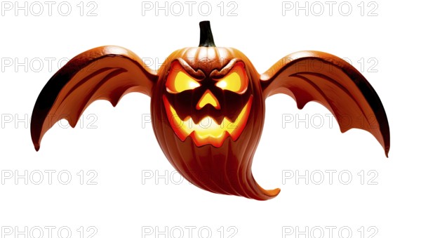 A glowing jack-o'-lantern pumpkin carved like a ghost with bat wings flying on a white background. AI generated