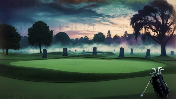 A misty golf course sets the scene for Halloween night. Ghostly fog blankets the ground while silhouettes of trees and gravestones emerge under an eerie sky at dusk. AI generated
