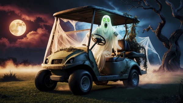 In a dark, eerie setting, a ghostly figure with a glowing green face is seen driving a golf cart adorned with cobwebs on Halloween night. A full moon illuminates the spooky scene. AI generated