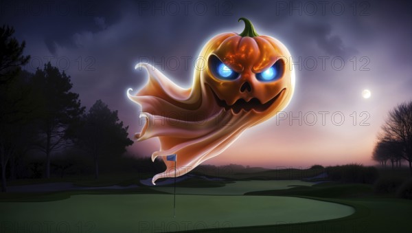 A flying jack o lantern ghost hovers above a golf course at night on Halloween, illuminated by moonlight, adding a spooky vibe to the scene with its glowing blue eyes. AI generated