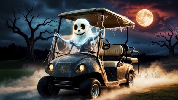 A ghostly figure in a white sheet drives a golf cart through a misty, eerie scene at night. The full moon illuminates the surroundings, creating a spooky Halloween atmosphere. AI generated