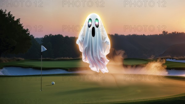 A ghost appears above a golf course, surrounded by fog. The scene shows a golf ball, flag, with trees and a beautiful sunset in the background, creating a mysterious Halloween atmosphere. AI generated