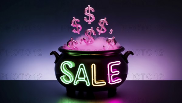 A black cauldron emits a colorful neon sale sign while dollar signs magically rise from the bubbling potion inside, creating a whimsical atmosphere of retail excitement. AI generated