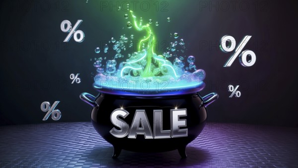 A black cauldron bubbles with a glowing potion, surrounded by animated percent signs. A shiny sale sign captures attention in a mystical atmosphere, perfect for shopping excitement. AI generated
