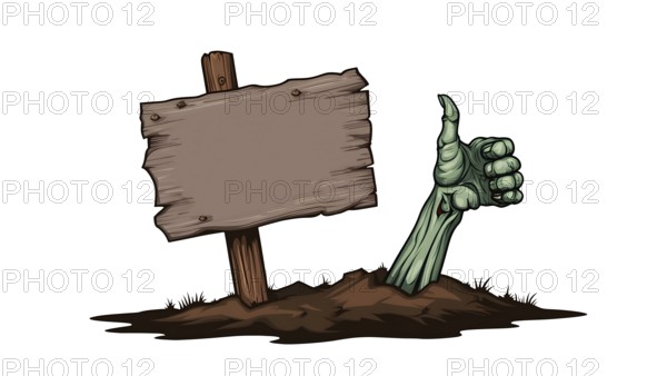 A zombie hand emerges from the grave soil, showing a thumbs up gesture beside a blank wooden sign. The scene suggests a playful take on real estate metaphor and undead themes. AI generated