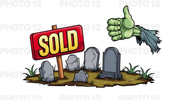 A cartoon scene shows a graveyard with several tombstones, a sold sign, and a green zombie hand gives a thumbs up, creating a humorous real estate metaphor for Halloween promotion or advertising. AI generated