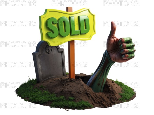 Humorous 3D cartoon illustration of a zombie hand giving thumbs up from the ground next to a grave and tombstone, with a bright sold sign stuck in grave, isolated white background. Creative Halloween real estate metaphor. AI generated
