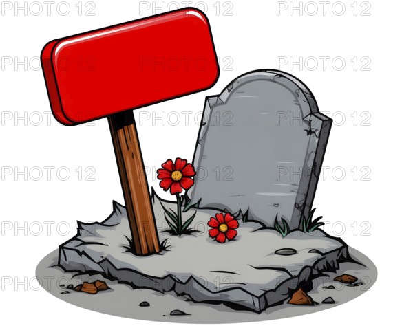 A red sign on a signpost stuck in the adorned with red flowers grave, leans against a concrete gravestone in a tranquil cemetery, burial site isolated on white background. AI generated