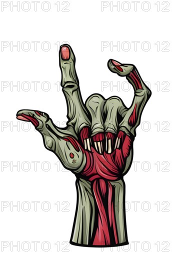A zombie hand with green, decaying skin, revealing ligaments, tendons, muscles, is making the rock sign on white background. For Halloween celebrations or horror-themed decorations. AI generated