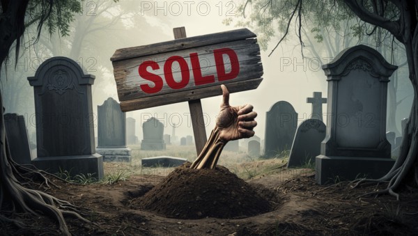 A graveyard at dusk shows a wooden sign with the word sold, and a zombie hand emerging from the ground showing thumbs up. Tombstones surround the scene, adding an eerie atmosphere. Halloween metaphor for real estate business marketing. AI generated