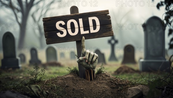 Zombie hand emerging from the ground points to a sold sign on a gravestone in a cemetery. Surrounding tombstones add to the eerie mood during twilight. Creative real estate metaphor for Halloween celebration or sale offers promotion. AI generated