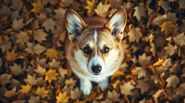 Cute corgi puppy sitting on fallen autumn leaves, looking up, top view from above. AI generated