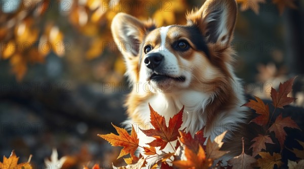 A corgi dog lying in fallen autumn leaves in the park, surrounded with red and orange foliage. AI generated