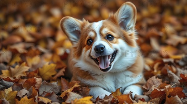 A playful corgi enjoys an afternoon among fallen leaves, surrounded by warm autumn colors. AI generated