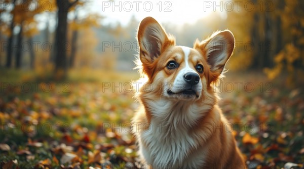 Welsh corgi sitting in a vibrant autumn park with gentle rain and warm colors, bokeh background with copy space. AI generated