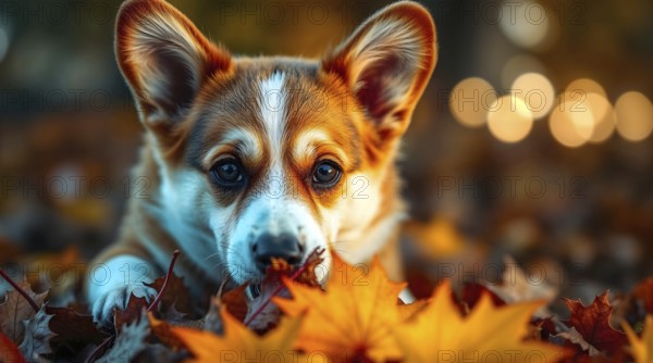 Corgi puppy on autumn leaves in a colorful park during the fall season, bokeh background with blurred circular warm lights. AI generated