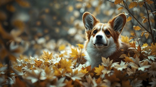 A corgi rests comfortably among an array of pale autumn leaves, surrounded by warm colors in a peaceful woodland. Soft sunlight filters through the trees, enhancing the tranquil atmosphere. AI generated