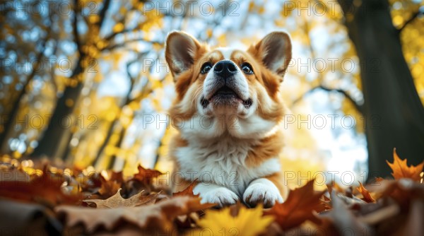 Corgi lying on autumn leaves in forest, looking into the distance, low angle view. AI generated