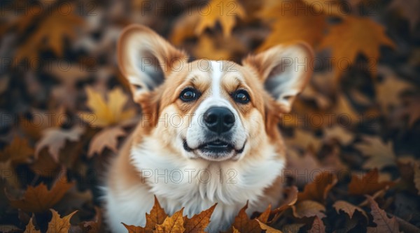 Corgi enjoying fallen autumn leaves, looking up at the camera, overhead shot from above, dreamy atmosphere. AI generated