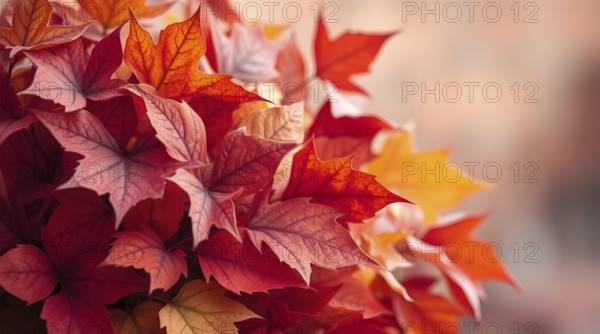 A vibrant bouquet made of autumn leaves showcases the essence of the season with warm red and orange colors. This bouquet stands out against a soft, dreamlike background, evoking cozy autumn feelings. AI generated