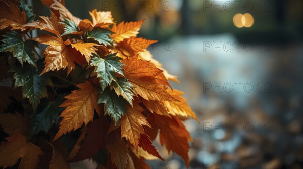 Bouquet of vibrant wet leaves collected in a park under overcast skies after a refreshing rain shower, adding color to the damp landscape with gentle bokeh lights in the background. AI generated