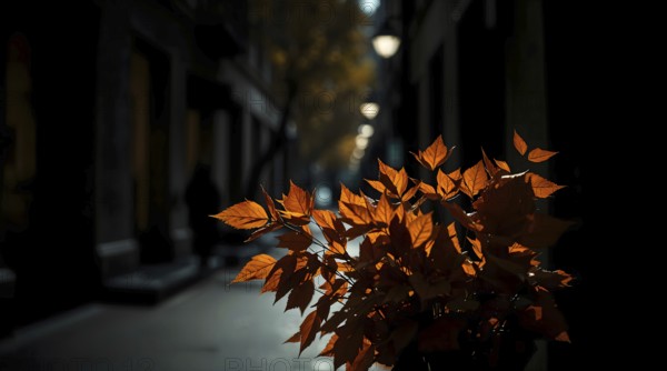 A bouquet of warm autumn leaves stands out in low key lighting, casting deep shadows along a serene alleyway lined with muted street lamps, a tranquil moment of fall. AI generated