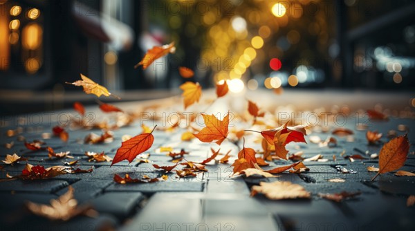 Colorful autumn leaves swirl gracefully over a cobbled street, illuminated by soft warm lights, the essence of fall in a bustling city. AI generated