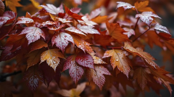 A bouquet of vibrant wet autumn leaves showcases rich hues of red and orange, glistening in the rain. This serene moment captures the beauty of nature during a gentle morning shower in a garden. AI generated