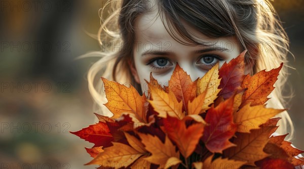Girl stands in a park, obscuring her face with a bright bouquet of autumn leaves, copy space. AI generated