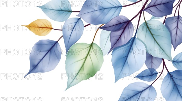Delicate watercolor painting of an autumn leaves on branch in cool colors on white background. AI generated