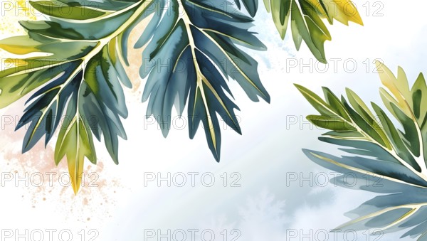 Green leaves in watercolor style, highlighting their unique shapes and textures against a stark white canvas, creating a serene and refreshing atmosphere. AI generated