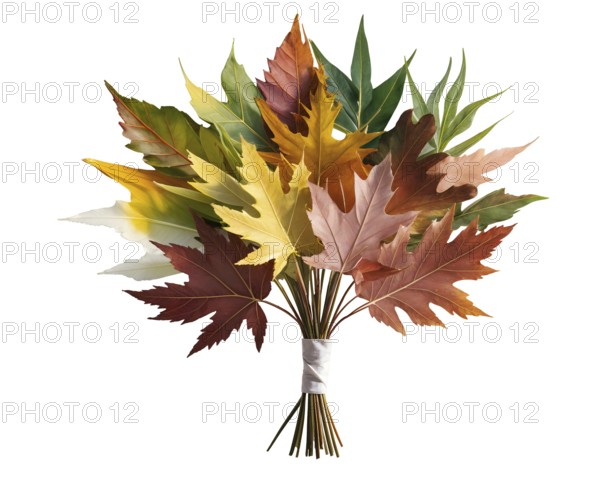 A vibrant bouquet made of various autumn leaves in rich colors, showcasing hues of red, yellow, and green, perfect for seasonal decoration or crafting projects, white background. AI generated