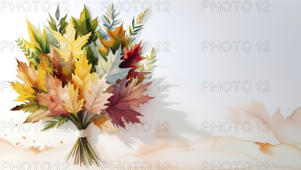 Painted bouquet of colorful autumn leaves in hues of red, orange, yellow, and green, watercolor painting style, white background with paint washes. AI generated