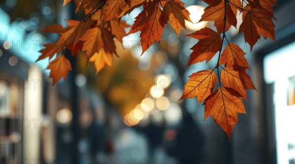 Bright autumn leaves hang gracefully, warm colors surround charming street, blurred lights create magical bokeh effect. AI generated