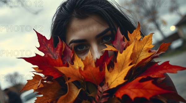 In a picturesque autumn setting, a young woman with olive skin peeks through a bouquet of vivid leaves. The warm colors contrast beautifully with the stormy sky, enhancing the seasonal mood. AI generated