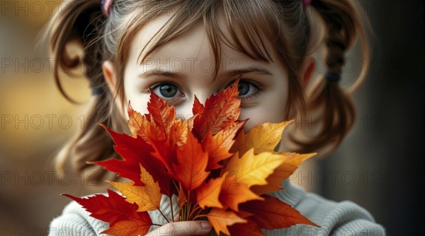 In a serene outdoor setting, a little girl with pigtails cherishes a vibrant bouquet of autumn leaves, bringing the beauty of the season close to her face. Warm colors create a cozy atmosphere. AI generated